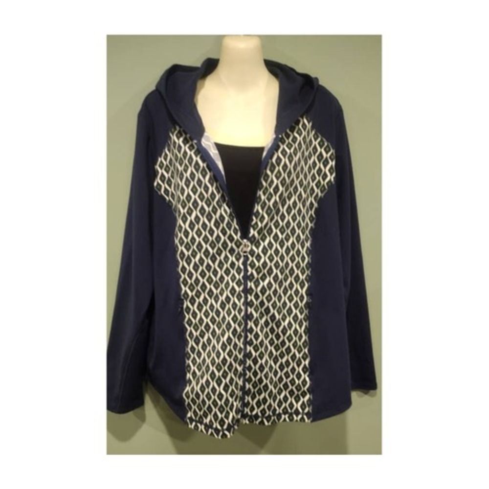 Chico's Zenergy Zip Up Hooded Unlined Jacket, Navy/Wht/Lime, Sz 3 (16)‎
